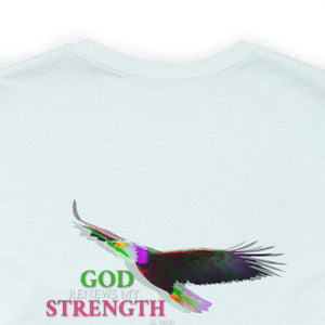 God Renews My Strength Men’s Unisex Jersey Short Sleeve Tee (Back Design).