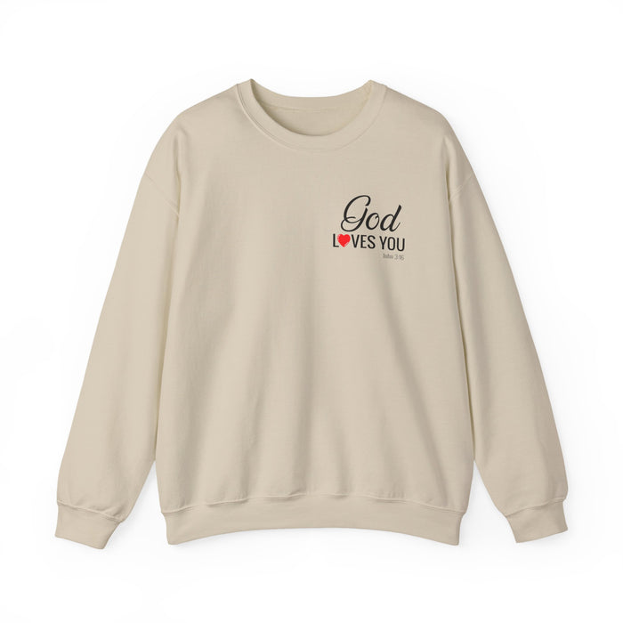 God Loves You (back) Crewneck Sweatshirt – Faith-Inspired Christian Pullover