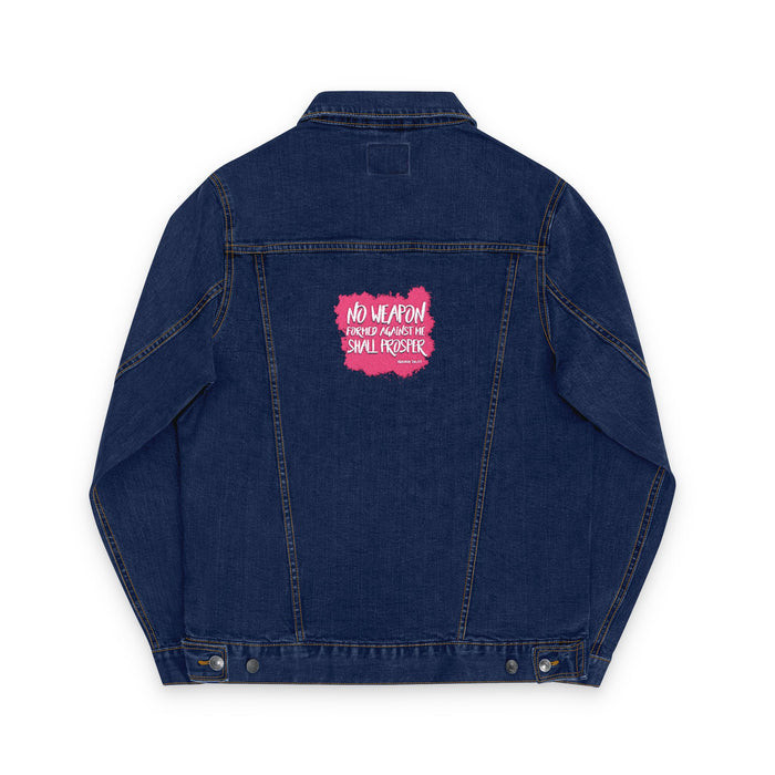 No Weapon Formed Against Me Trendy Unisex Denim Jacket (Embroidery) - Casual Wear, Summer Fashion, Graphic Jacket, Street Style, Gift for Her