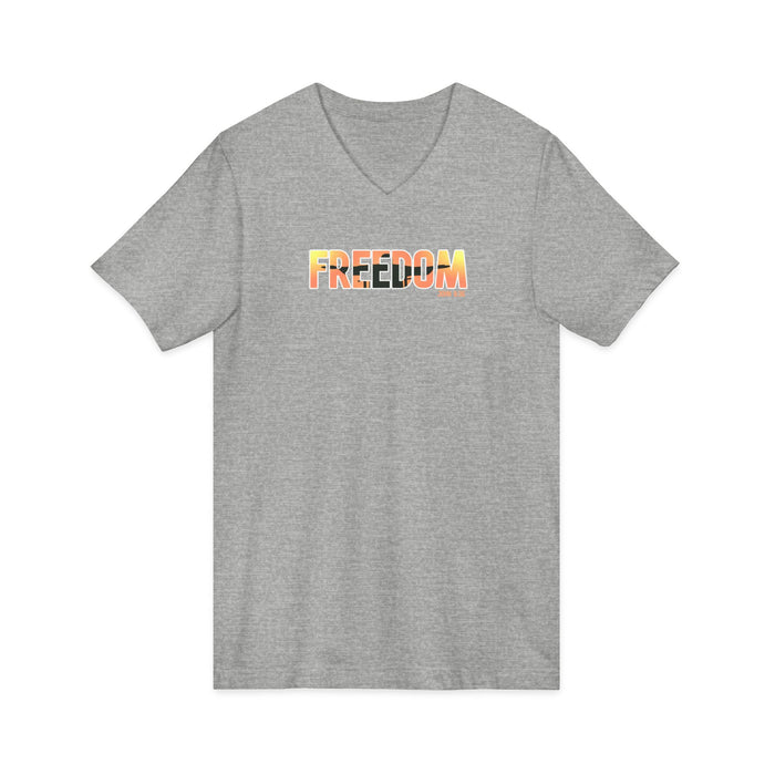 Freedom V-Neck Tee – Sunrise Gradient "FREEDOM" Graphic Shirt