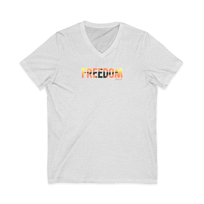 Freedom V-Neck Tee – Sunrise Gradient "FREEDOM" Graphic Shirt