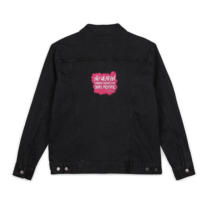 No Weapon Formed Against Me Trendy Unisex Denim Jacket (Embroidery) - Casual Wear, Summer Fashion, Graphic Jacket, Street Style, Gift for Her