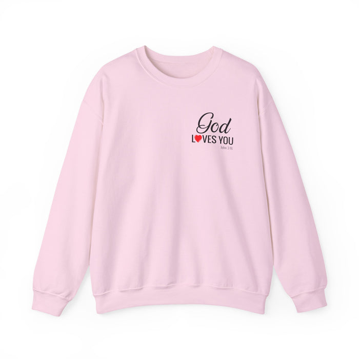 God Loves You (back) Crewneck Sweatshirt – Faith-Inspired Christian Pullover