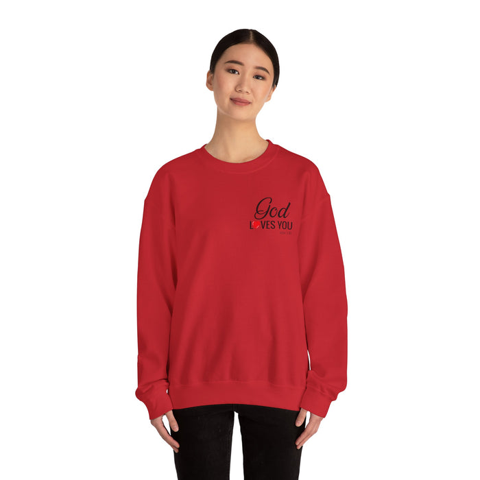 God Loves You (back) Crewneck Sweatshirt – Faith-Inspired Christian Pullover