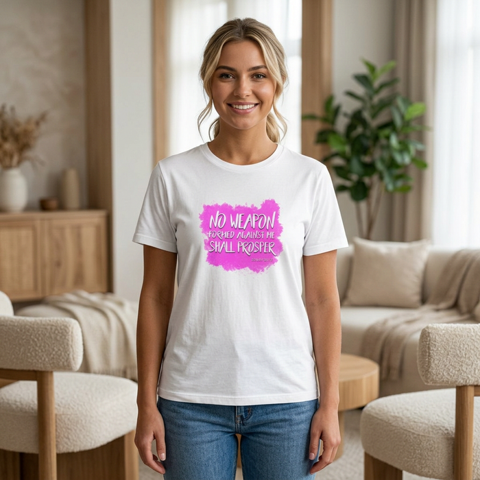No Weapon Formed Against Me Shall Prosper T‑Shirt — Inspirational Christian Faith Tee (Pink Brushstroke)