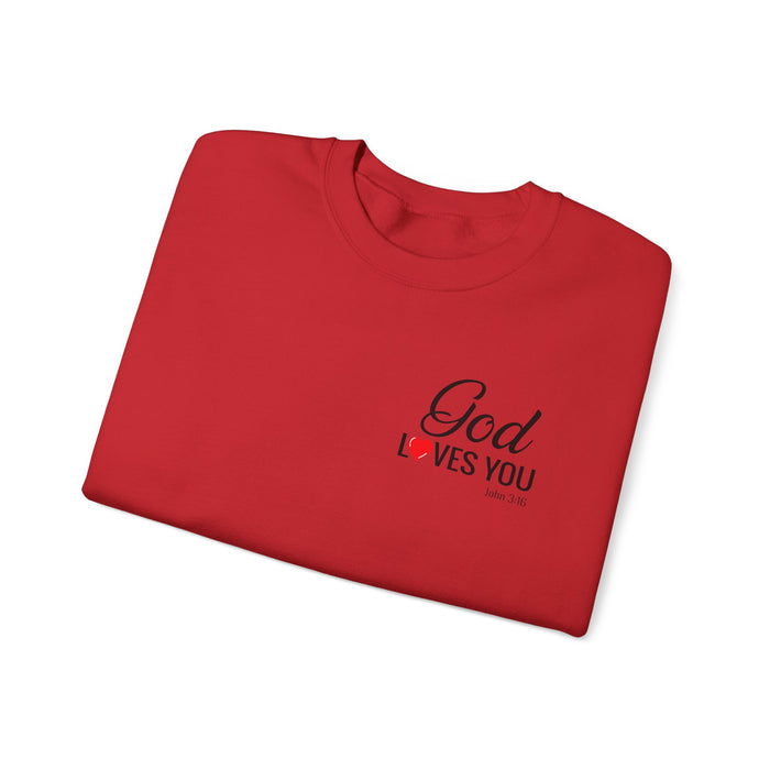 God Loves You (back) Crewneck Sweatshirt – Faith-Inspired Christian Pullover