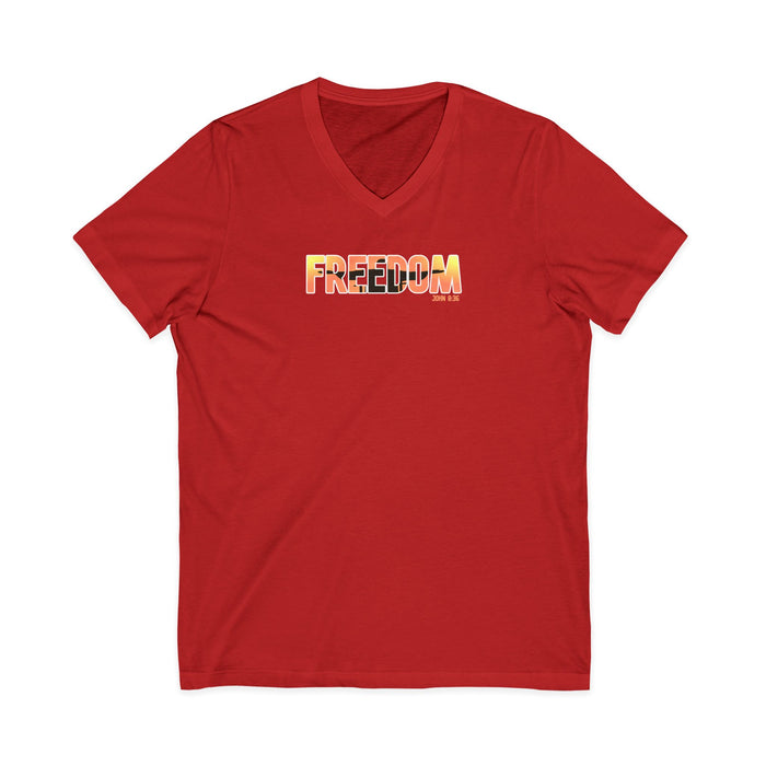 Freedom V-Neck Tee – Sunrise Gradient "FREEDOM" Graphic Shirt