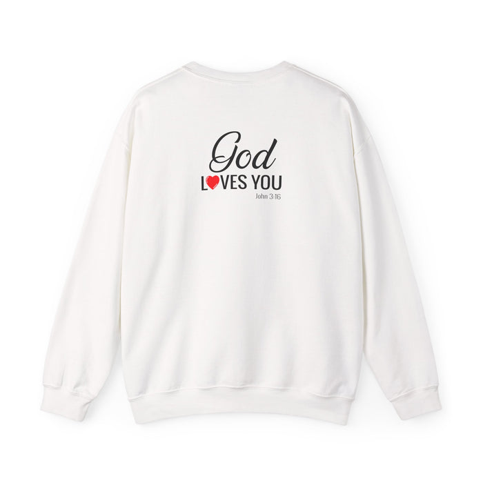 God Loves You (back) Crewneck Sweatshirt – Faith-Inspired Christian Pullover