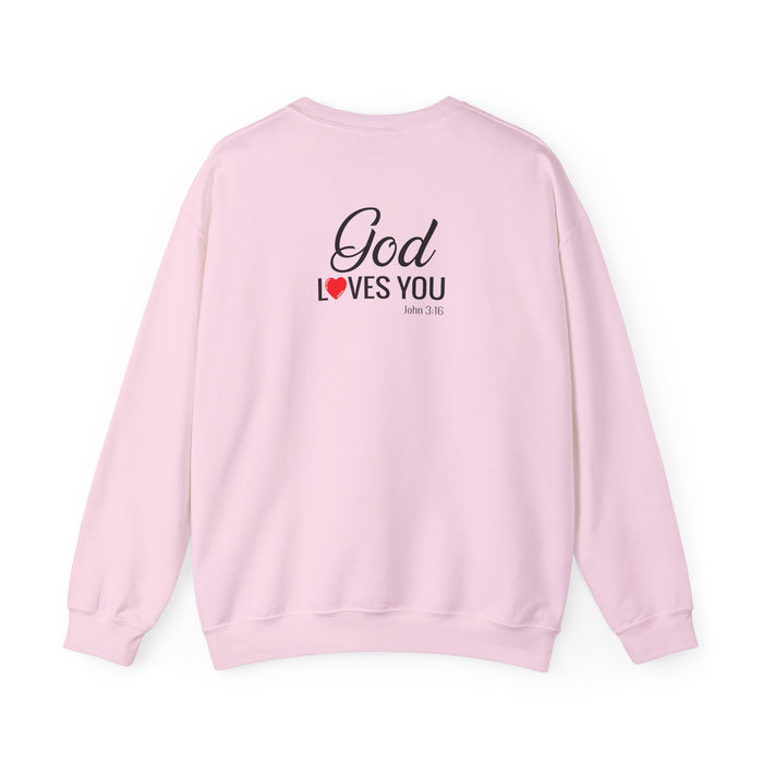 God Loves You (back) Crewneck Sweatshirt – Faith-Inspired Christian Pullover