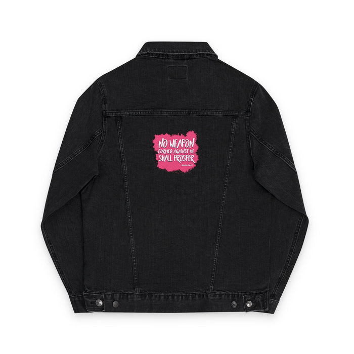 No Weapon Formed Against Me Trendy Unisex Denim Jacket (Embroidery) - Casual Wear, Summer Fashion, Graphic Jacket, Street Style, Gift for Her