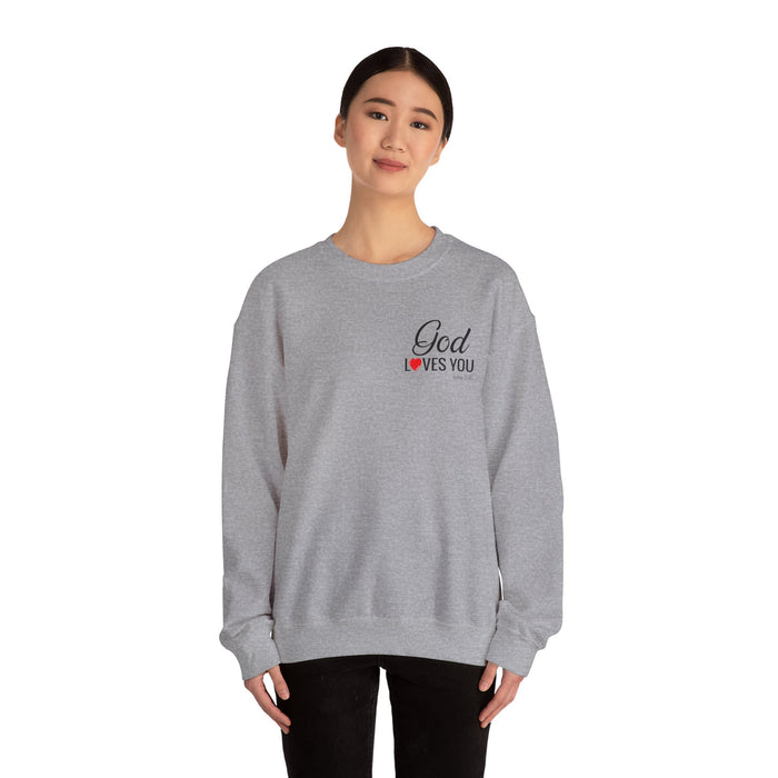 God Loves You (back) Crewneck Sweatshirt – Faith-Inspired Christian Pullover