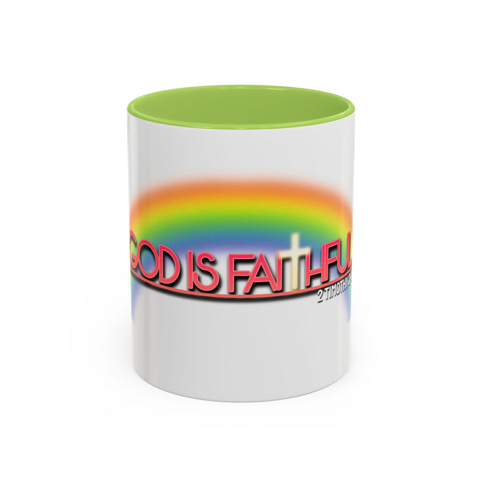 God Is Faithful Rainbow Accent Coffee Mug — Christian Scripture 2 Timothy 2:13
