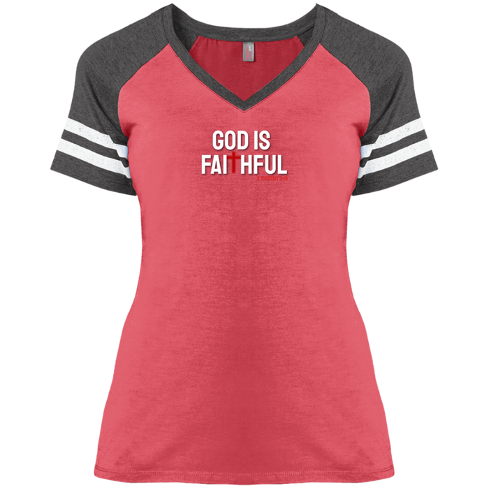 God is Faithful Ladies Game V Neck Tee Shirt