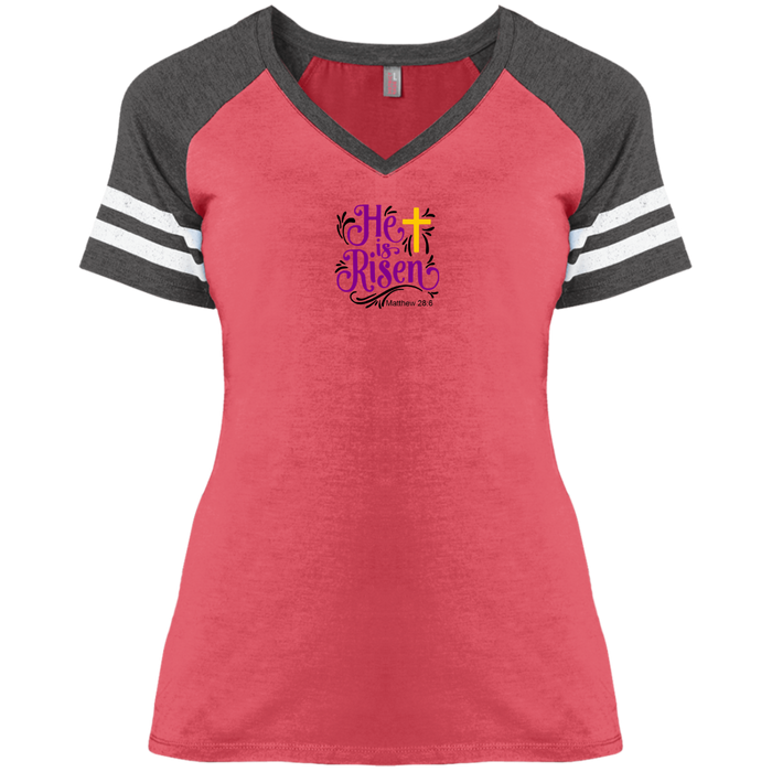 He is Risen Ladies Game V Neck Tee Shirt