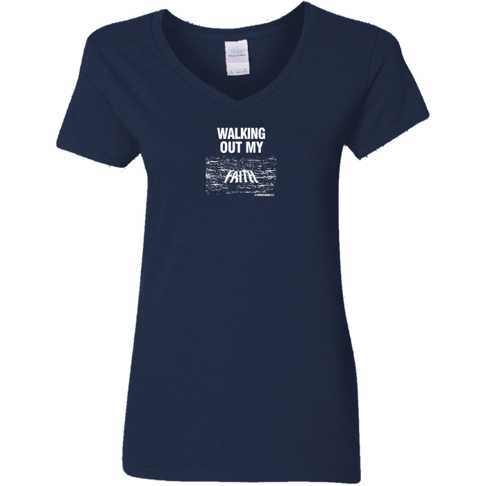 Walking Out My Faith Women V Neck Tee Shirt